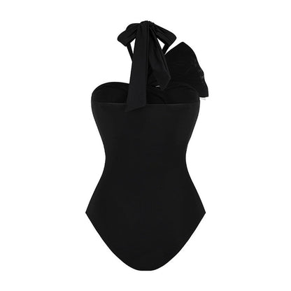 halter bow-detail swimsuit with draped wrap skirt – MUSE