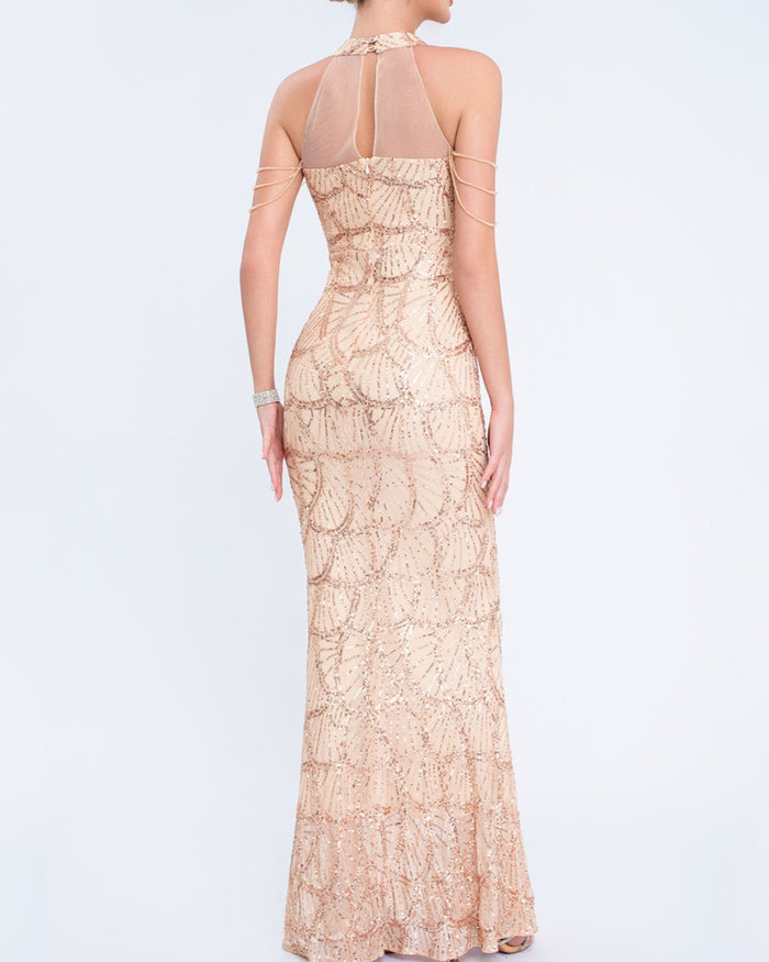 halter sequin mermaid gown with draped shoulder chains – AURORIAN