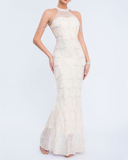 halter sequin mermaid gown with draped shoulder chains – AURORIAN