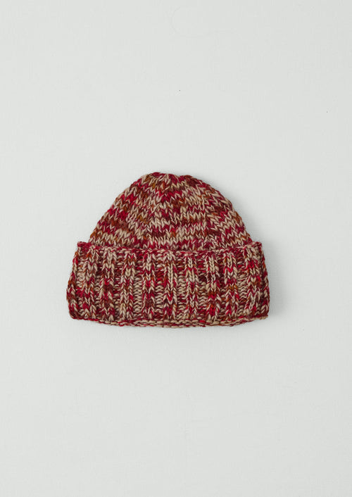 Hand Knitted Marl Beanie | Claret Red/Stone