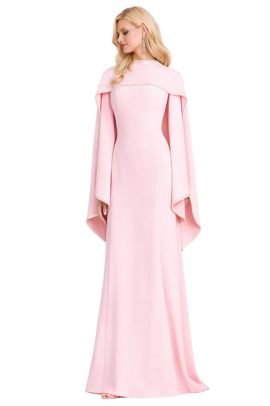high-neck cape sleeve column gown with pearl trim – ROYALE