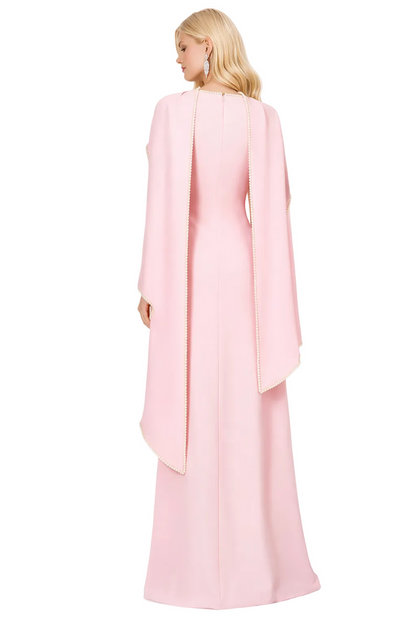 high-neck cape sleeve column gown with pearl trim – ROYALE