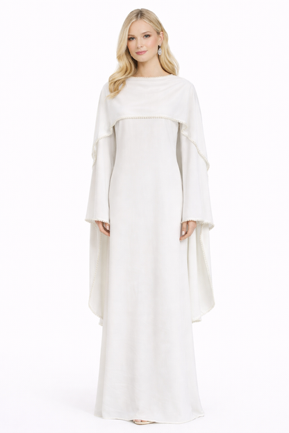 high-neck cape sleeve column gown with pearl trim – ROYALE
