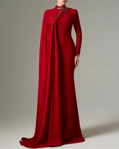 High-neck column dress with embellished draped detail – SUBY-1