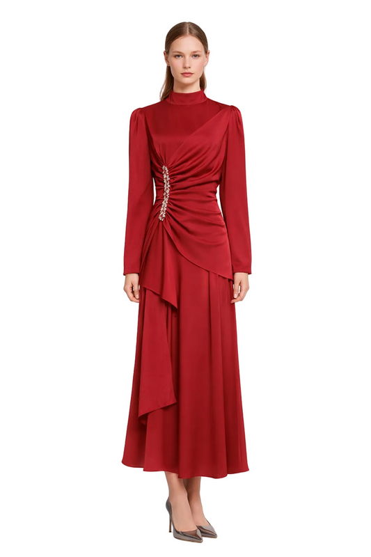 High-Neck Draped Maxi Dress with Crystal Accent – CELESTE