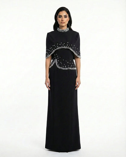 high-neck embellished cape gown – CONSTELLATION