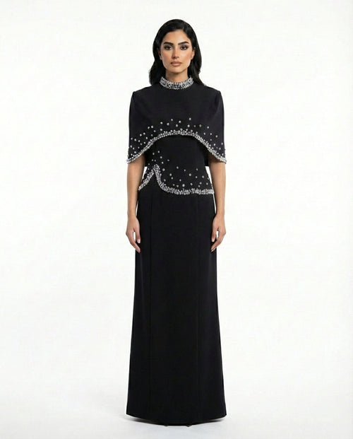 high-neck embellished cape gown – CONSTELLATION