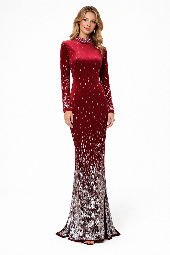 high neck embellished long sleeve maxi dress – RUBY