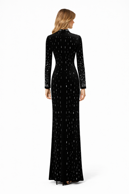 high neck embellished long sleeve maxi dress – RUBY