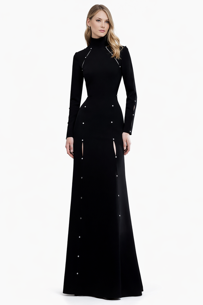 high-neck fitted gown with metal stud detailing – VELORA