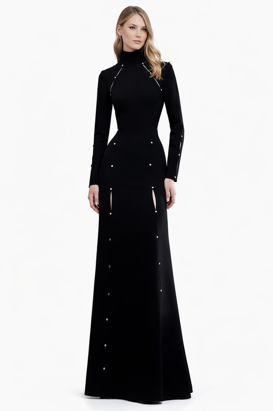 high-neck fitted gown with metal stud detailing – VELORA