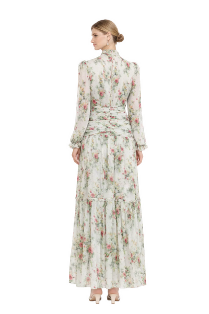 high neck floral chiffon maxi dress with ruched waist – ROSABELLE