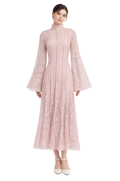 high-neck lace maxi dress with flared sleeves – ÉLÉGANCE