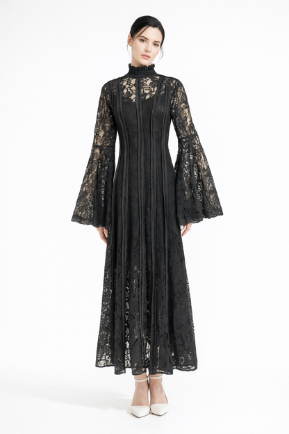 high-neck lace maxi dress with flared sleeves – ÉLÉGANCE