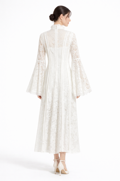 high-neck lace maxi dress with flared sleeves – ÉLÉGANCE
