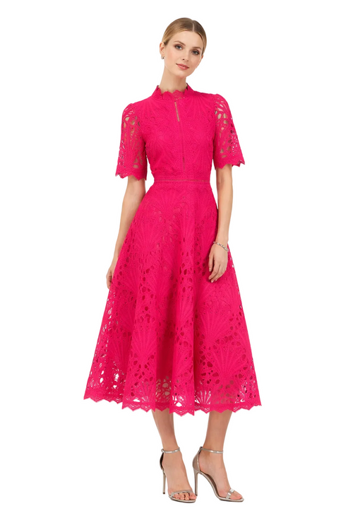 high-neck lace midi dress with short sleeves – EMERALD