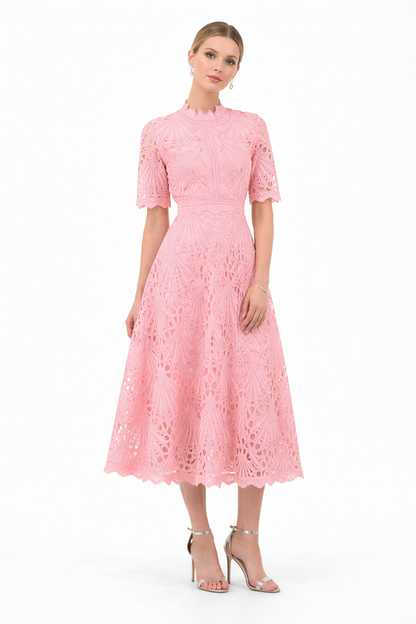 high-neck lace midi dress with short sleeves – EMERALD