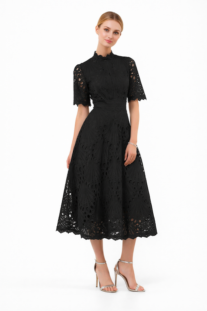 high-neck lace midi dress with short sleeves – EMERALD