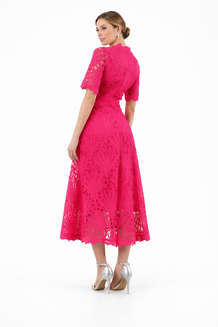 high-neck lace midi dress with short sleeves – EMERALD