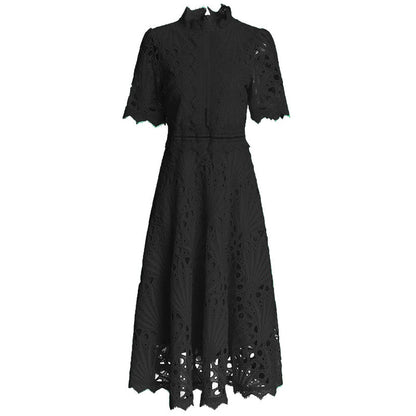 high-neck lace midi dress with short sleeves – EMERALD