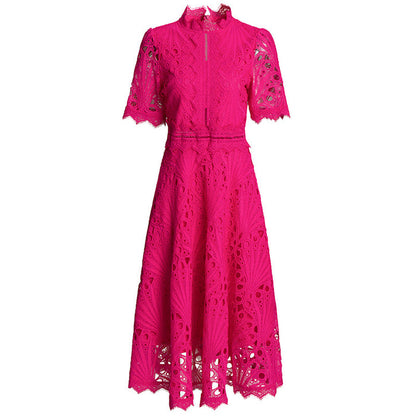 high-neck lace midi dress with short sleeves – EMERALD