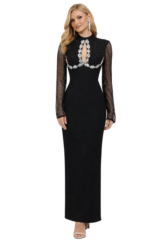 high-neck mesh sleeve column dress with embellished neckline – GRACE