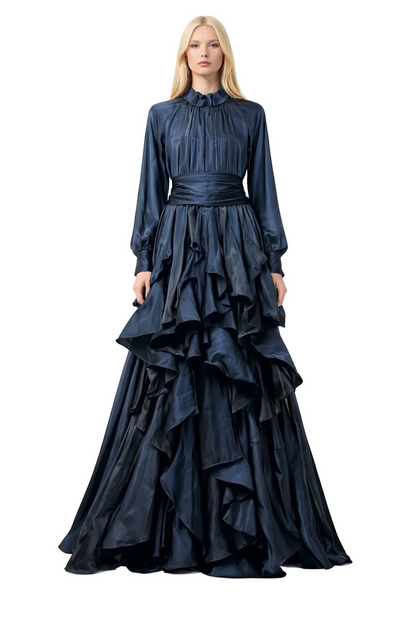 high-neck pleated bodice gown with cascading ruffle skirt – CASCADE