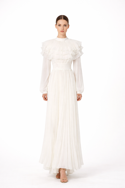 high neck pleated chiffon maxi dress with layered ruffle collar – CELESTE