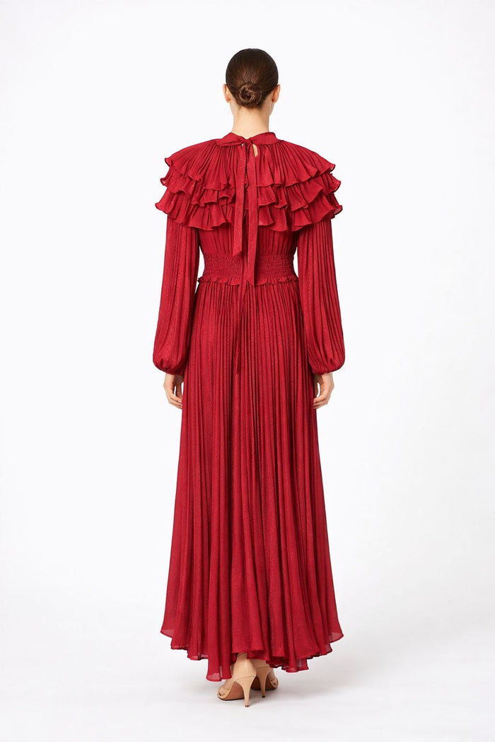 high neck pleated chiffon maxi dress with layered ruffle collar – CELESTE