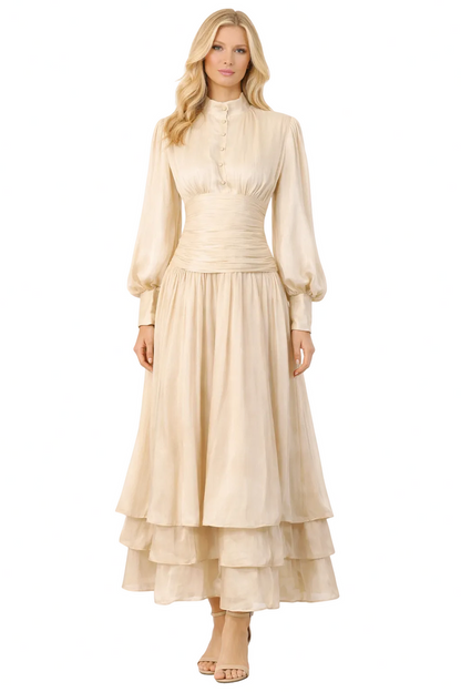 high-neck pleated midi dress with layered hem – ELIANS