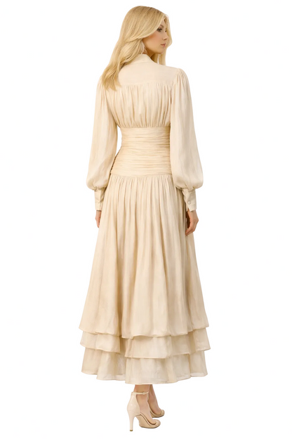 high-neck pleated midi dress with layered hem – ELIANS
