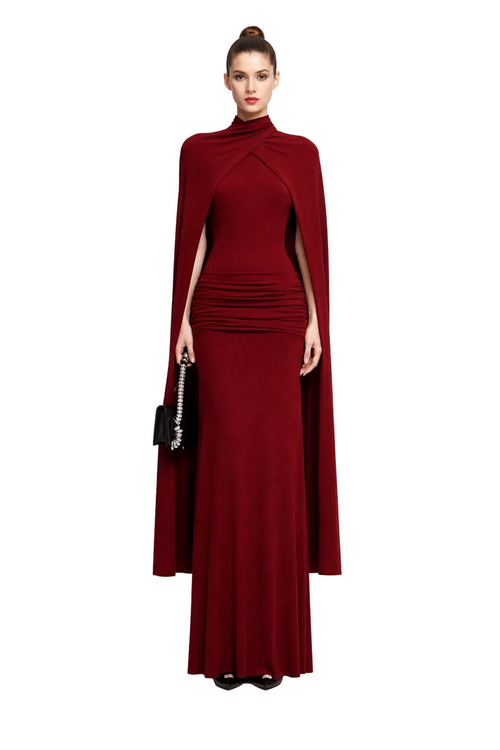 high neck ruched maxi dress with flowing cape – ROYAL