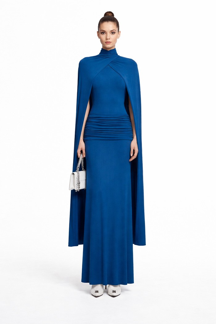 high neck ruched maxi dress with flowing cape – ROYAL