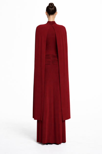 high neck ruched maxi dress with flowing cape – ROYAL