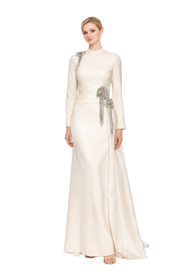 high neck satin maxi dress with crystal embellishments and side bow – CELESTE
