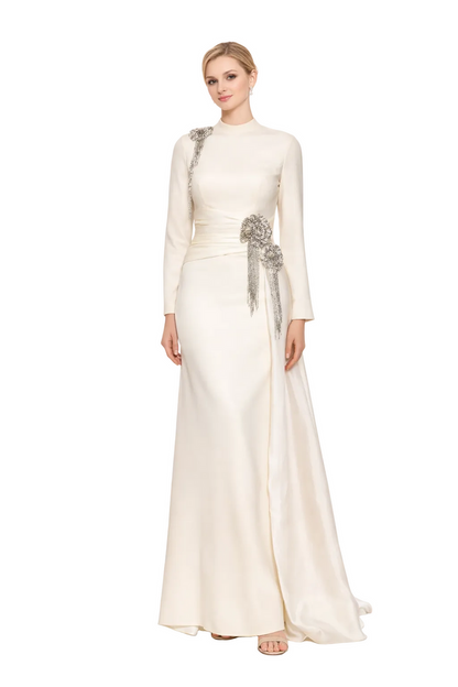 high neck satin maxi dress with crystal embellishments and side bow – CELESTE