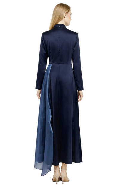 high neck satin maxi dress with crystal embellishments and side bow – CELESTE