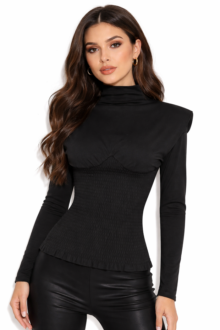 high-neck smocked waist long-sleeve top – NOIRELLE
