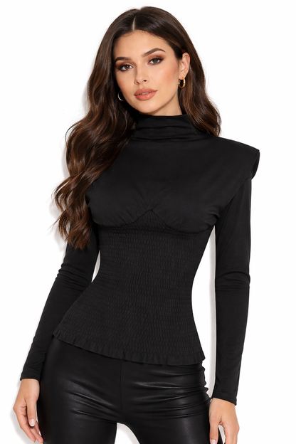high-neck smocked waist long-sleeve top – NOIRELLE