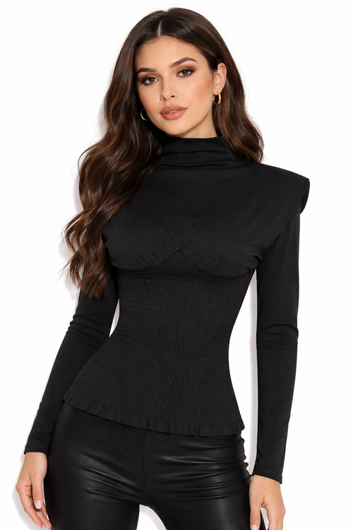 high-neck smocked waist long-sleeve top – NOIRELLE