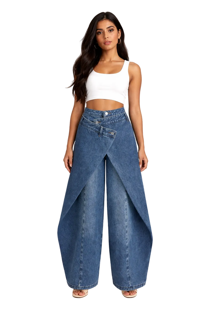 high-waist layered wrap wide-leg denim pants – NOVA