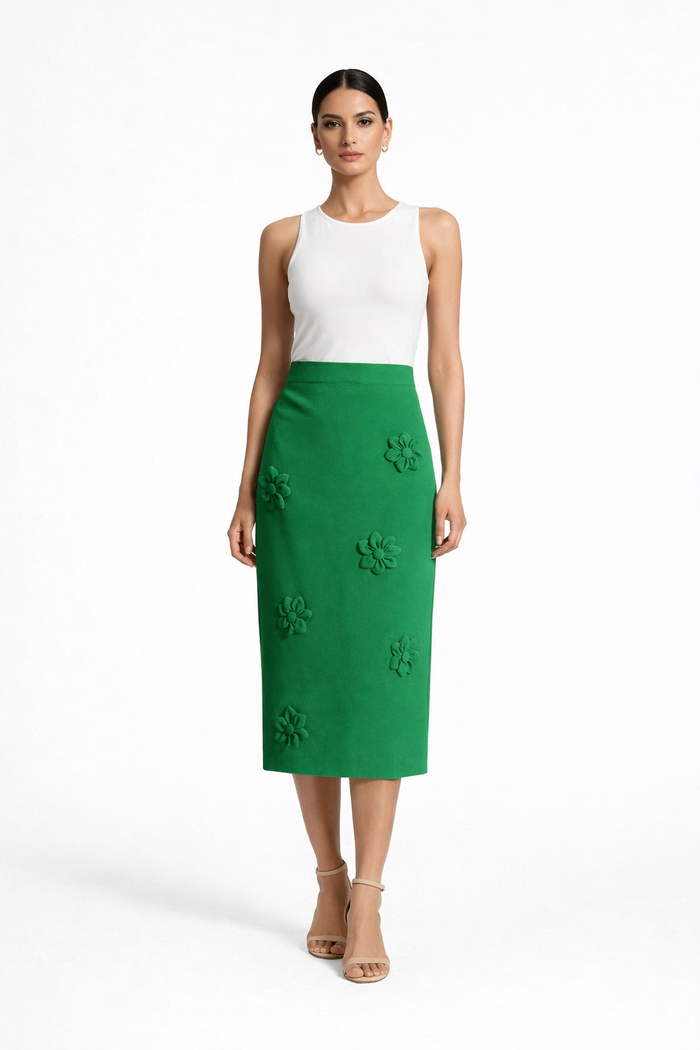 high-waist pencil skirt with 3D floral appliqué – EMERALD
