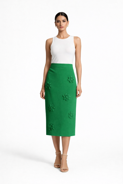 high-waist pencil skirt with 3D floral appliqué – EMERALD