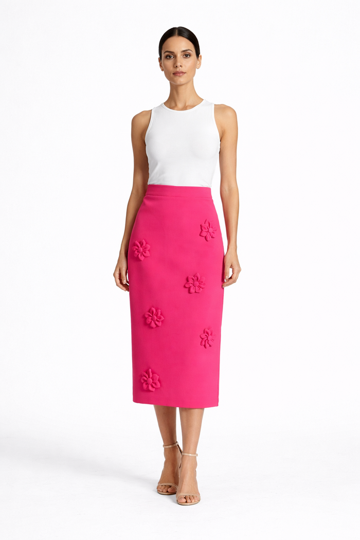 high-waist pencil skirt with 3D floral appliqué – EMERALD