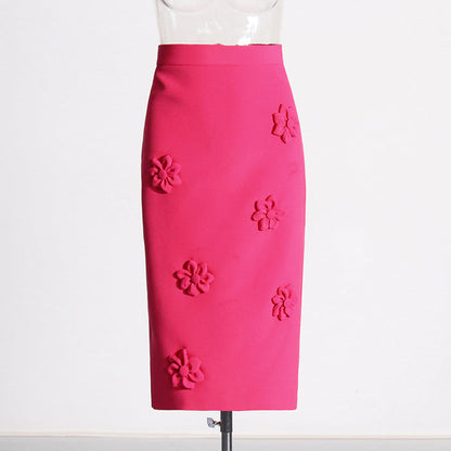 high-waist pencil skirt with 3D floral appliqué – EMERALD