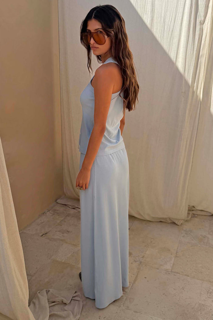 Ice Blue Sol Dorris Skirt in stretch rib fabric, styled with a matching top for a co-ord look.