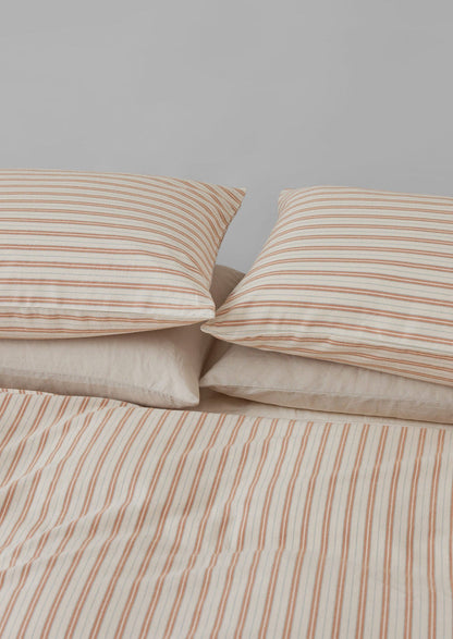 Ines Stripe Cotton Flannel Housewife Pillowcase Set | Apricot/Soft Blue