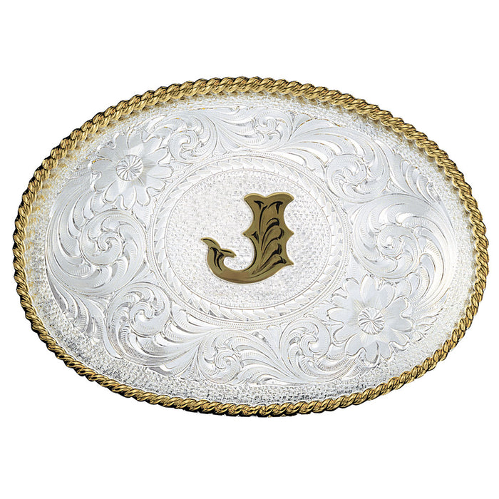Initial J Silver Engraved Gold Trim Western Belt Buckle