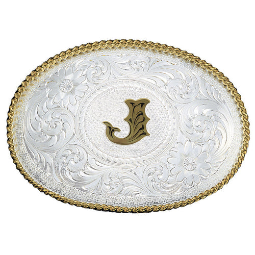 Initial J Silver Engraved Gold Trim Western Belt Buckle