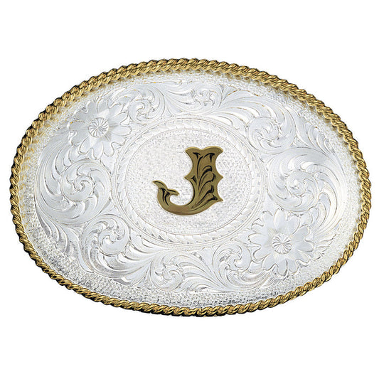 Initial J Silver Engraved Gold Trim Western Belt Buckle